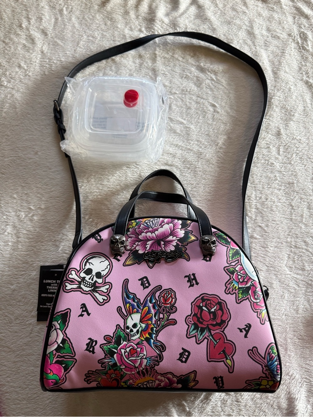 Ed Hardy Pink Iconic Tattoos Lunch Tote Bag Insulated 2 Storage Containers Skull